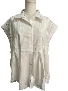 Rhea Roza Top White Embroidered Cotton Blouse NWT L/XL Relaxed Boho Shirt